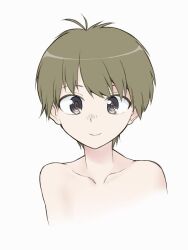  androgynous blush brown_eyes brown_hair closed_mouth collarbone commentary completely_nude cowlick cropped_torso female kikumaru_bunta looking_at_viewer nose_blush nude original out-of-frame_censoring ringed_eyes short_hair simple_background smile solo very_short_hair white_background 