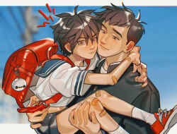  2boys age_difference arms_around_neck backpack bag bandaid bandaid_on_arm bandaid_on_knee bandaid_on_leg big_hero_6 black_hair blurry blurry_background blush brothers carrying carrying_person charm_(object) closed_mouth highres hiro_hamada hirozoomies incest japanese_clothes lolicon looking_at_another male_focus multiple_boys navel onii-shota princess_carry randoseru red_bag red_shoes sailor sailor_collar sailor_shirt school_uniform shirt shoes short_hair siblings socks tadashi_hamada white_socks yaoi 