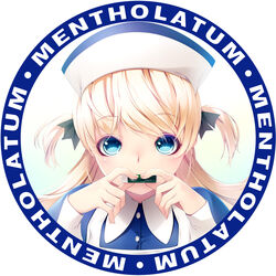  blonde_hair blue_eyes border commentary_request copyright_name female hat little_nurse long_hair looking_at_viewer mentholatum nurse_cap photoshop_(medium) rezi round_image solo two_side_up upper_body 