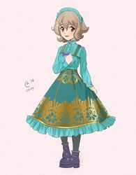  aqua_dress atra_mixta autumn-sacura boots bow dress english_commentary female full_body gundam gundam_tekketsu_no_orphans hairband hand_on_own_chest light_brown_hair lolita_fashion lolita_hairband open_mouth purple_footwear red_eyes smile solo 