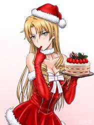  2015 blonde_hair breasts cake cleavage collarbone commentary_request dress female finger_in_own_mouth food gloves green_eyes hat holding large_breasts long_hair miura_yumiko red_dress red_gloves red_hat santa_costume santa_gloves santa_hat solo ta_(ppsh-1941) yahari_ore_no_seishun_lovecome_wa_machigatteiru. 