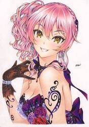  alternate_hairstyle bad_id bad_twitter_id bare_shoulders bow breasts choker cleavage colored_pencil_(medium) dress earrings eyelashes female flower gloves grin hair_between_eyes highres idolmaster idolmaster_cinderella_girls idolmaster_cinderella_girls_starlight_stage inuono_mama jewelry jougasaki_mika looking_at_viewer medium_breasts pink_hair print_gloves simple_background smile solo strapless strapless_dress tattoo traditional_media white_background yellow_eyes 