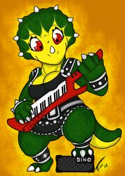  2018 anthro breasts claws clothed clothing digital_media_(artwork) dinosaur extinct female fionthebunny hevisaurus hi_res holding_musical_instrument holding_object horn keyboard_instrument keytar milli_pilli musical_instrument non-mammal_breasts playing_music prehistoric_species reptile scalie simple_background slightly_chubby smile solo thick_thighs 