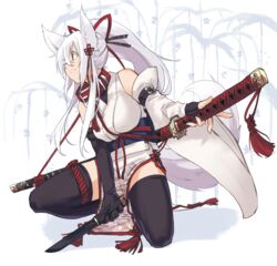  animal_ears arm_belt bare_shoulders black_thighhighs breasts collar female fox_ears fox_tail fuchi_(hilt) gloves hair_ribbon japanese_clothes katana kneeling kojiri large_breasts long_hair obijime original ponytail ribbon sageo sakura_inu saya_(scabbard) serious short_sword solo sword tail tantou tassel thighhighs tsuba_(guard) tsuka-ito tsuka_(handle) weapon white_hair yellow_eyes 