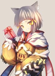  animal_ear_fluff animal_ears bangs belt blunt_bangs blush bodysuit breasts cat_ears chocolate fangs female gloves grey_background grey_hair hair_ornament happy highres looking_at_viewer nintendo niyah present ribbon scarf short_hair silver_hair small_breasts smile solo umikamiko valentines_day white_gloves xenoblade_(series) xenoblade_2 yellow_bodysuit yellow_eyes yellow_ribbon 