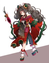  bad_id bad_pixiv_id benitora braid caravan_stories female grey_eyes grey_hair hair_ornament long_hair naginata polearm sandals solo standing standing_on_one_leg twin_braids weapon white_legwear wide_sleeves 