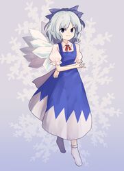  &gt;:) blue_bow blue_dress blue_eyes blue_hair bow cirno collared_shirt commentary_request crossed_arms dress embodiment_of_scarlet_devil female hairbow ice ice_wings neck_ribbon puffy_short_sleeves puffy_sleeves ribbon rion_(glayjirobass) shirt short_sleeves smile smirk snowflake_background solo touhou v-shaped_eyebrows wings 