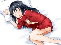  ass bed_sheet blue_hair bottomless breasts cleavage closed_eyes coat commentary female freckles girls_und_panzer jacket long_hair long_sleeves lying medium_breasts naked_coat no_shirt on_bed on_side open_clothes open_jacket open_mouth pillow red_jacket sleeping sleeves_rolled_up solo toon_(noin) track_jacket yamagou_ayumi 