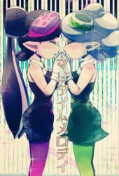  2girls bad_id bad_pixiv_id black_dress black_hair callie_(splatoon) closed_eyes cowboy_shot detached_collar dress earrings food food_on_head from_side gloves green_pantyhose happamushi holding_hands inkling jewelry long_hair marie_(splatoon) multiple_girls object_on_head pantyhose parted_lips pointy_ears short_dress short_hair short_jumpsuit splatoon_(series) splatoon_1 standing strapless strapless_dress symmetrical_hand_pose symmetry tentacle_hair translated white_gloves 