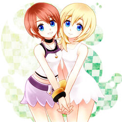  bad_id bad_pixiv_id blonde_hair blue_eyes brown_hair crop_top cu_be dress jewelry kairi_(kingdom_hearts) kingdom_hearts kingdom_hearts_ii multiple_girls namine necklace red_hair short_hair siblings skirt twins 