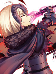  armor blonde_hair breasts commentary_request fal_(fal-se-0) fate/grand_order fate_(series) female fur_trim gauntlets headpiece jeanne_d&#039;arc_alter_(avenger)_(fate) jeanne_d&#039;arc_alter_(avenger)_(first_ascension)_(fate) jeanne_d&#039;arc_alter_(fate) medium_breasts photoshop_(medium) short_hair simple_background solo sword weapon yellow_eyes 