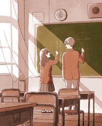  1boy :d absurdres ai_x_suugaku_x_tanka analog_clock arm_at_side backlighting blazer brown_hair brown_jacket chair chalk chalkboard character_request classroom clock commentary_request curtains desk eye_contact female from_behind glasses hand_up height_difference highres indoors itunohika jacket light long_hair long_sleeves looking_at_another math open_mouth pants pleated_skirt profile public_address_system school school_desk school_uniform shoes skirt smile speaker standing tareme uwabaki wall_clock wind window wooden_floor writing 