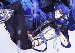  1boy blue_eyes blue_hair commentary_request falling gloves headset kaito_(vocaloid) looking_at_viewer male_focus midriff navel scarf solo vocaloid witchonly 