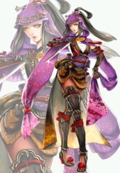  aganokami black_hair black_legwear caravan_stories commentary_request female frown full_body glint hair_ornament hair_stick high_heels hood knife long_hair original ponytail purple_eyes sarashi sheath solo sword weapon 