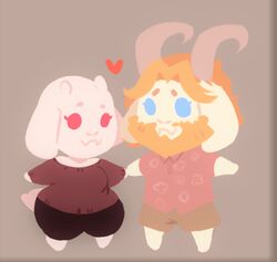  anthro asgore_dreemurr beard blonde_hair blue_eyes boss_monster_(undertale) bovid breasts caprine chibi clothed clothing cute_fangs darkriallet duo facial_hair female fully_clothed hair hand_holding heart_symbol horn low_res male male/female mammal mature_anthro mature_female mature_male red_eyes romantic romantic_couple slightly_chubby toriel undertale undertale_(series) 