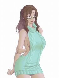  aran_sweater arm_behind_back breasts brown_eyes brown_hair cable_knit commentary_request dark-skinned_female dark_skin female glasses haru_(hall) kouzuki_sanae lipstick long_hair looking_to_the_side makeup medium_breasts meme_attire naked_sweater sakura_quest sideboob solo sweater virgin_killer_sweater 