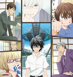  6+boys black_hair blonde_hair board_game brown_hair collage formal glasses gotou_masamune grey_hair highres key_visual kiriyama_rei kouda_masachika misumi_tatsuyuki multiple_boys necktie nikaidou_harunobu official_art promotional_art sangatsu_no_lion shimada_kai_(sangatsu_no_lion) shirt shogi short_hair silver_hair souya_touji suit white_shirt 