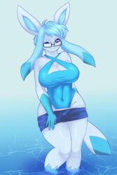  2016 2:3 anthro big_breasts blue_body blue_hair blue_nose blue_skin bottomwear breasts canid cleavage clothed clothing eeveelution eyewear female generation_4_pokemon glaceon glasses hair hi_res looking_at_viewer mammal navel nintendo one-piece_swimsuit one_eye_closed pastelletta pink_eyes pokemon pokemon_(species) pokemorph short_hair shorts smile solo swimwear swimwear_under_clothing thick_thighs white_body white_skin wide_hips wink 