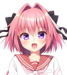  1boy :d aichi_shiho astolfo_(fate) astolfo_(sailor_paladin)_(fate) black_bow black_ribbon blush bow braid breast_pocket collarbone commentary_request fate/apocrypha fate_(series) hair_between_eyes hair_intakes hair_ribbon hairbow long_hair looking_at_viewer male_focus multicolored_hair neckerchief oerba_yun_fang official_alternate_costume open_mouth otoko_no_ko pink_hair pink_neckerchief pocket portrait purple_eyes red_sailor_collar ribbon sailor_collar school_uniform serafuku sidelocks simple_background single_braid smile solo streaked_hair white_background white_hair 