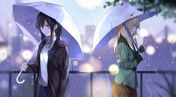  2girls aihara_mei aihara_yuzu artist_name bad_id bad_pixiv_id black_hair black_jacket blonde_hair blue_skirt brown_skirt chi_zu_crazy citrus_(saburouta) from_side green_jacket holding holding_umbrella jacket long_hair multiple_girls neck_ribbon open_clothes open_jacket outdoors pleated_skirt purple_eyes rain red_ribbon ribbon skirt standing sweater umbrella white_sweater white_umbrella 