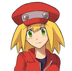  bad_id bad_pixiv_id blonde_hair blush cabbie_hat collared_shirt female green_eyes hat jacket mega_man_(series) mega_man_legends_(series) mega_man_legends_3 ogros red_jacket roll_caskett_(mega_man) shirt short_hair simple_background smile solo t-shirt upper_body white_background 