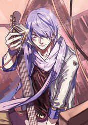  1boy blue_eyes blue_hair blue_nails coat commentary_request electric_guitar guitar hair_over_one_eye instrument kaito_(vocaloid) male_focus nail_polish open_clothes open_coat scarf smile solo swept_bangs vocaloid witchonly wristband 