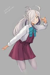  ahoge asashimo_(kancolle) bow bowtie commentary_request cowboy_shot cropped_legs dated eyes_visible_through_hair female green_eyes grey_background grey_hair grey_pantyhose grin hair_over_one_eye halterneck highres kantai_collection karashi_(tou_gara_shi) long_hair looking_at_viewer pantyhose ponytail school_uniform sharp_teeth shirt simple_background smile solo teeth twitter_username white_shirt 