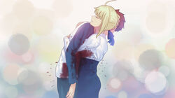  1boy ahoge artoria_pendragon_(fate) blonde_hair blood blood_on_clothes blouse blue_pants blue_skirt blurry blurry_background closed_eyes closed_mouth commentary_request emiya_shirou fate/stay_night fate_(series) fateline_alpha female from_side hug leaning_on_person long_sleeves pants photoshop_(medium) profile red_hair saber_(fate) shirt sidelocks skirt standing white_shirt 