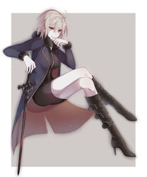  absurdres ahoge black_dress black_footwear boots breasts commentary_request crossed_legs dress fate/grand_order fate_(series) female full_body grey_background grey_hair hair_between_eyes hands_on_hilt high_heel_boots high_heels highres idass_(idass16) invisible_chair jeanne_d&#039;arc_alter_(fate) jeanne_d&#039;arc_alter_(ver._shinjuku_1999)_(fate) knee_boots large_breasts parted_lips short_dress short_hair sitting smile solo sword weapon yellow_eyes 