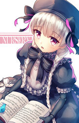  bird blush book braid commentary_request doll_joints dress fal_(fal-se-0) fate/extra fate_(series) female hat joints long_hair looking_up nursery_rhyme_(fate) photoshop_(medium) purple_eyes solo white_hair 