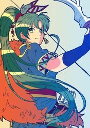  commentary_request dress female fingerless_gloves fire_emblem fire_emblem:_the_blazing_blade fire_emblem_heroes gloves green_eyes green_hair high_ponytail highres kiriya_(552260) long_hair looking_at_viewer lyn_(brave_lady)_(fire_emblem) lyn_(fire_emblem) ponytail smile solo weapon 