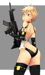  ass assault_rifle blonde_hair blue_eyes butt_crack choker commentary elbow_gloves female from_behind from_side gloves gun highres looking_back m4_carbine mecha_musume original parted_lips rifle short_hair simple_background solo standing swimsuit thighhighs torii_yoshitsuna weapon 