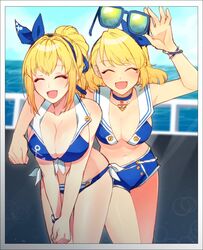  2girls ^_^ anchor_symbol ara_haan arm_around_shoulder bikini blonde_hair blue-framed_eyewear blue_bikini blue_choker blue_hairband blue_ribbon blue_sky blurry blurry_background blush border bracelet breasts buttons choker cleavage clenched_hand closed_eyes cloud collarbone commentary_request cowboy_shot day depth_of_field elesis_(elsword) elsword eungking_(tog2029) eyeshadow facing_viewer front-tie_bikini_top front-tie_top gradient hair_ribbon hairband hand_up happy high_ponytail holding holding_removed_eyewear horizon jewelry korean_commentary large_breasts laughing leaning_forward lens_flare long_hair makeup multiple_girls navel ocean open_mouth outdoors own_hands_together ponytail railing ribbon rope sailor_bikini sailor_collar side-tie_bikini_bottom sidelocks sky smile sparkle standing sunglasses swimsuit unworn_eyewear v_arms water white_border white_sailor_collar 