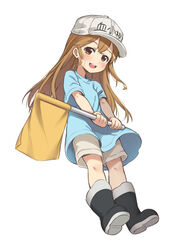  blush boots brown_eyes brown_hair eyebrows_visible_through_hair female female flag full_body hat hataraku_saibou holding holding_flag lolicon long_hair looking_at_viewer looking_to_the_side open_mouth piano-alice platelet_(hataraku_saibou) shirt short_sleeves shorts solo teeth white_hat 