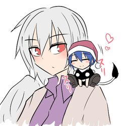  2girls ^_^ blue_hair breasts closed_eyes commentary_request doremy_sweet grey_hair hat heart kishin_sagume kuroba_rapid multiple_girls nightcap pom_pom_(clothes) red_eyes short_hair simple_background smile tail tapir_tail touhou white_background wings 