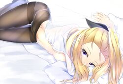  assam_(girls_und_panzer) bed_sheet black_pantyhose black_ribbon blonde_hair blue_eyes breasts commentary covered_mouth dress_shirt female girls_und_panzer hair_pulled_back hair_ribbon highres hip_focus long_hair long_sleeves looking_at_viewer lying medium_breasts no_bra no_pants on_bed on_side open_clothes open_shirt panties panties_under_pantyhose pantyhose pillow ribbon shirt solo thigh_gap thighband_pantyhose thighs toon_(noin) underwear white_panties white_shirt 