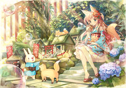  animal_ears bad_id bad_pixiv_id banner blonde_hair blowing_bubbles blush_stickers bubble closed_eyes commentary_request detached_sleeves dress eating female flower fox fox_ears fox_girl fox_tail hair_ornament heart heart_bubbles hydrangea japanese_clothes kanzashi kimono light_rays lolita_fashion long_hair mini_torii multiple_torii nobori obi open_mouth original pierorabu rabbit sandals sash shrine sitting sitting_on_stairs solo stairs sunbeam sunlight tail torii tree two_side_up wa_lolita 