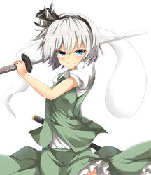  &gt;:) black_hairband blouse blue_eyes collared_shirt commentary_request cowboy_shot female grey_hair hair_ribbon hairband highres hitodama katana konpaku_youmu konpaku_youmu_(ghost) looking_at_viewer neko_pachi ribbon saya_(scabbard) scabbard sheath shirt short_hair short_sleeves simple_background skirt skirt_set smile smirk solo sword touhou tsuka_(handle) v-shaped_eyebrows vest weapon white_background white_shirt wing_collar 