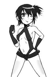  alternate_color alternate_costume anzuu belt blush breasts cleavage commentary_request female gloves greyscale kasumi_(pokemon) looking_at_viewer medium_breasts monochrome navel one-piece_swimsuit one_eye_closed open_mouth photoshop_(medium) poke_ball pokemon pokemon:_the_electric_tale_of_pikachu pokemon_(anime) short_hair side_ponytail solo swimsuit 