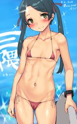  arm_at_side artist_name bikini black_hair blush bodyboard breasts closed_mouth collarbone commentary_request covered_nipples cowboy_shot dated female green_eyes hair_ribbon head_tilt heart highres holding imazon kantai_collection long_hair looking_at_viewer micro_bikini mikuma_(2016_swimsuit_mode)_(kancolle) mikuma_(kancolle) navel red_ribbon ribbon side-tie_bikini_bottom small_breasts smile solo sparkle standing stomach swimsuit toned translated twintails yellow_ribbon 