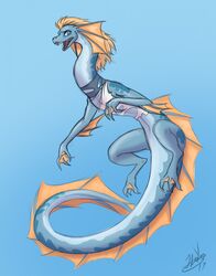  2017 after_transformation aquatic_dragon blonde_hair blue_eyes blush claws clothing dragon feet female feral feral_transformation fin hair hi_res marine membrane_(anatomy) mythological_creature mythological_scalie mythology open_mouth scalie simple_background solo surprise swimming tail thatweirdguyjosh toes torn_clothing transformation water webbed_feet webbed_hands 