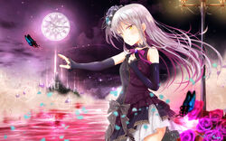  bang_dream! bow bowtie bug butterfly clock commentary_request detached_sleeves female floating_hair flower hair_between_eyes highres lolita_fashion long_hair masa_(mirage77) minato_yukina neck_ribbon night outdoors pleated_skirt purple_bow purple_bowtie purple_flower purple_ribbon purple_rose ribbon rose skirt solo very_long_hair white_hair white_skirt yellow_eyes 