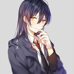  artist_name bad_id bad_pixiv_id black_hair black_jacket black_necktie chi_zu_crazy earphones female gloves grey_background hair_between_eyes jacket long_hair looking_at_viewer love_live! love_live!_school_idol_project necktie open_clothes open_jacket shirt simple_background smile solo sonoda_umi white_gloves white_shirt yellow_eyes 