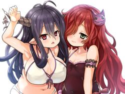  2girls alternate_costume anna_(granblue_fantasy) antenna_hair arm_cuffs arm_up asymmetrical_docking bad_id bad_pixiv_id bare_shoulders bikini blush breast_press breasts covered_navel danua draph frills granblue_fantasy green_eyes hair_between_eyes hair_ornament hair_over_one_eye horn_ornament horns jewelry large_breasts long_hair looking_at_viewer multiple_girls navel necklace open_mouth pointy_ears purple_hair red_eyes red_hair swimsuit very_long_hair white_bikini yukinojou_yakan 