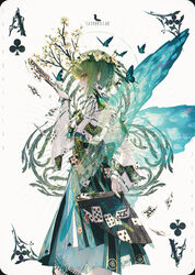  ace_(playing_card) ace_of_clubs alice_in_wonderland branch bug butterfly butterfly_wings card card_(medium) caterpillar_(alice_in_wonderland) club_(shape) commentary earrings female flower folded_fan folding_fan green_eyes green_hair hair_between_eyes hair_flower hair_ornament hand_fan head_wreath highres holding insect_wings jewelry looking_at_viewer original parted_lips photoshop_(medium) playing_card playing_card_theme profile simple_background solo standing wanke white_background wide_sleeves wings 