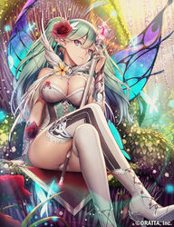  aqua_hair ass bare_shoulders between_legs blue_eyes breasts butterfly_wings chloris_garden cleavage commentary_request crossed_legs ear_ornament earrings female flower hair_flower hair_ornament high_heels insect_wings jewelry large_breasts long_hair looking_at_viewer mana_(remana) official_art photoshop_(medium) pointy_ears sitting solo staff thighhighs twintails white_thighhighs wings 