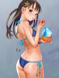  arched_back ass bikini blue_bikini bracelet braid breasts brown_eyes brown_hair comic_kairakuten cowboy_shot drinking_straw eating female flat_ass food from_side hair_ornament highres jewelry long_hair looking_at_viewer mouth_hold murata_range non-web_source scan shaved_ice side-tie_bikini_bottom side_braid skindentation small_breasts solo swimsuit 