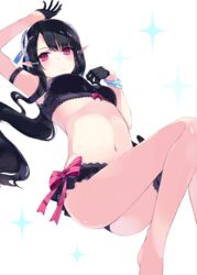  anette_(pso2) ass bad_id bad_pixiv_id bikini black_bikini black_gloves black_hair female gloves hair_ornament hairclip kurebayashi_noe long_hair looking_at_viewer navel phantasy_star phantasy_star_online_2 pointy_ears red_eyes simple_background solo swimsuit 