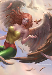  artist_name bird bodysuit breasts chuby_mi cleavage cloud commentary curly_hair dc_comics deviantart_sample english_commentary feathered_wings feathers female flying green_eyes hawkgirl highres image_sample justice_league long_hair orange_hair shayera_hol sky solo watermark web_address wings 