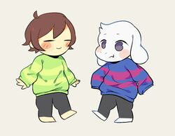  anthro asriel_dreemurr blush boss_monster_(undertale) bovid caprine clothed clothing conditional_dnp crybleat duo frisk_(undertale) fur hair human long_ears mammal simple_background stripes undertale undertale_(series) white_body white_fur 